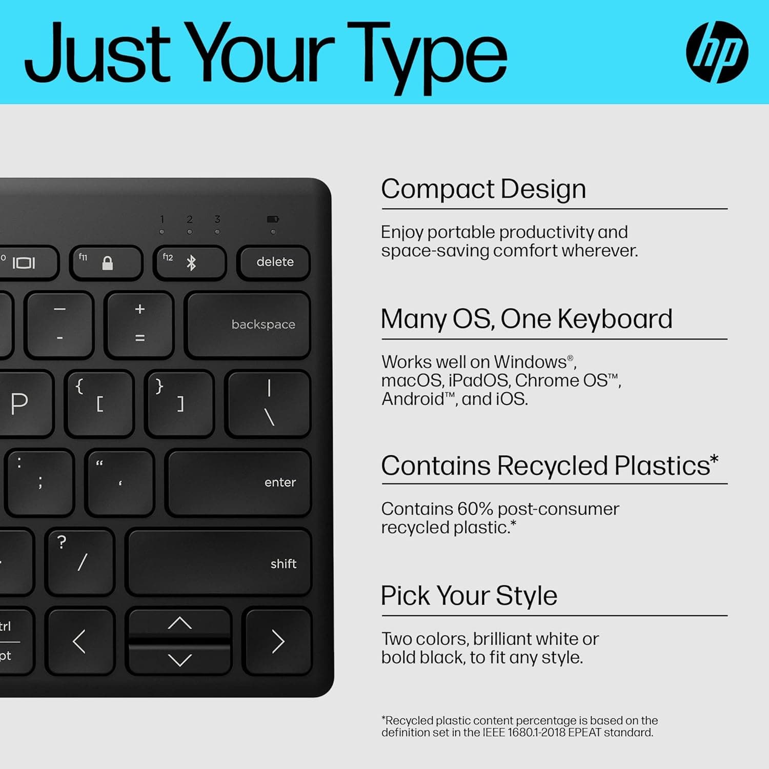 Buy HP,HP 350 Compact Bluetooth Keyboard. Connect up to 3 devices via Bluetooth 5.2, Multi-OS, with SMART shortcuts, dictation and emoji keys, made from 60% recycled materials, Black - Gadcet UK | UK | London | Scotland | Wales| Near Me | Cheap | Pay In 3 | Keyboard & Mouse